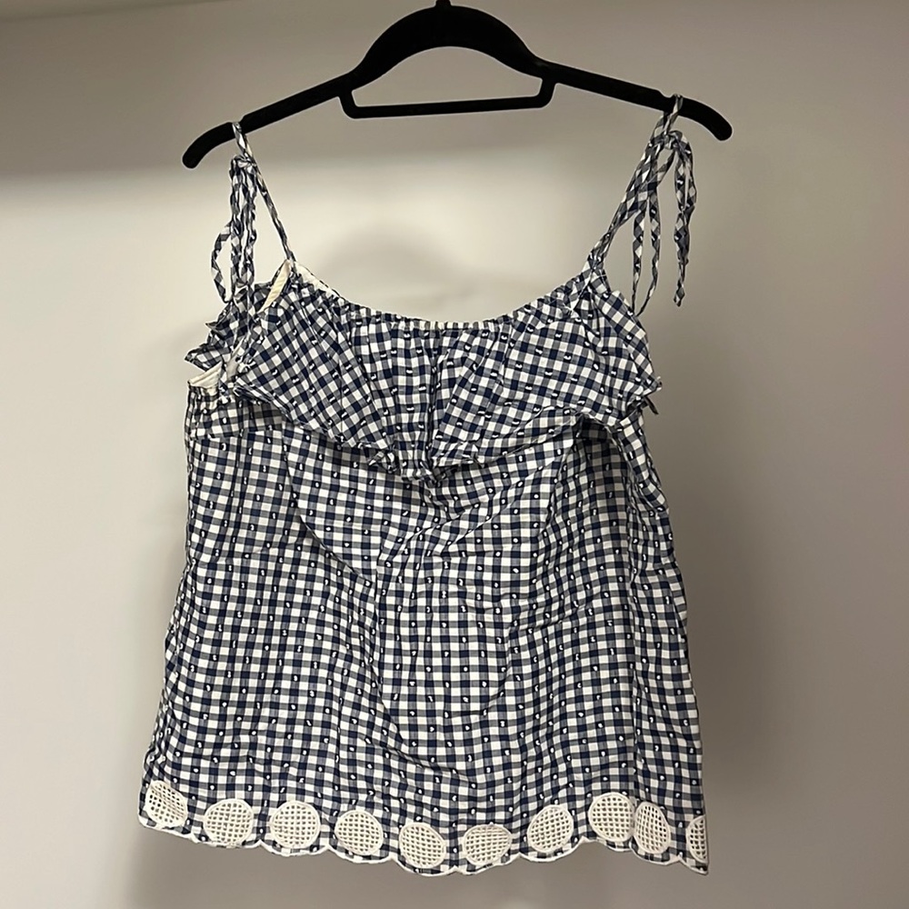 J Crew Size 8 Blue and White Gingham tank top with knot-tie straps